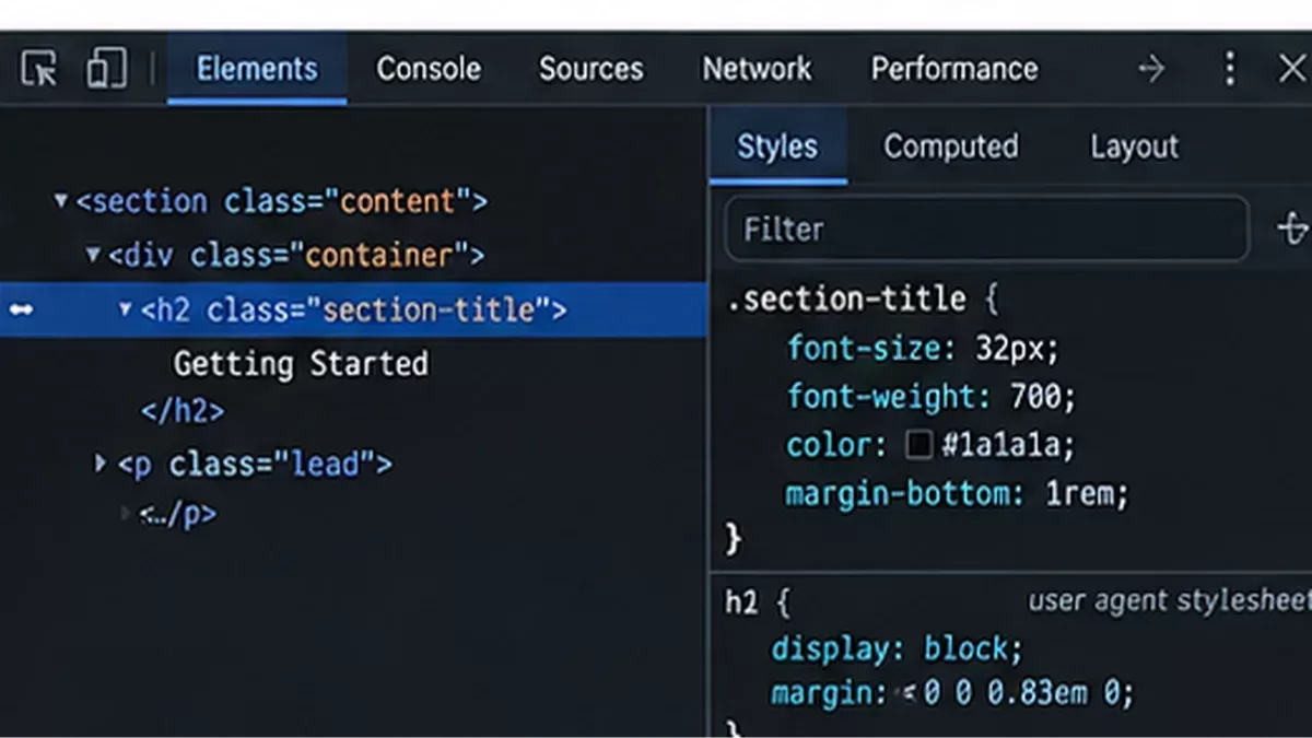 Chrome DevTools Elements panel showing an inspected heading and its CSS rules