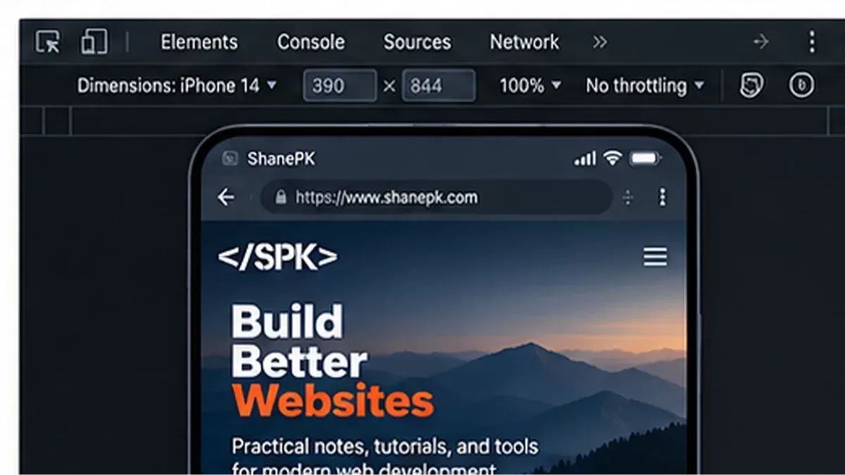 Chrome DevTools device toolbar testing a web page at a mobile viewport width